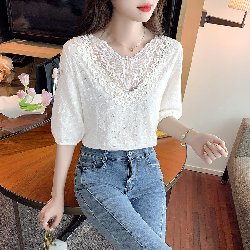 Western Style Top Short Sleeve Lace Bottoming Shirt