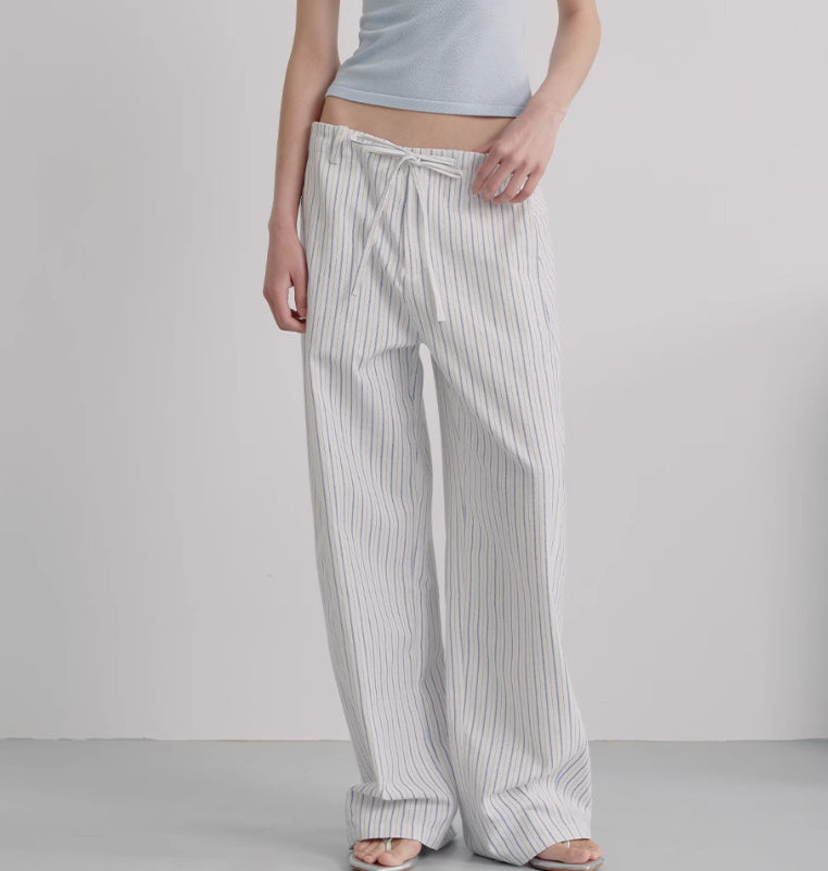Striped Blue And White Drawstring Banana Pants