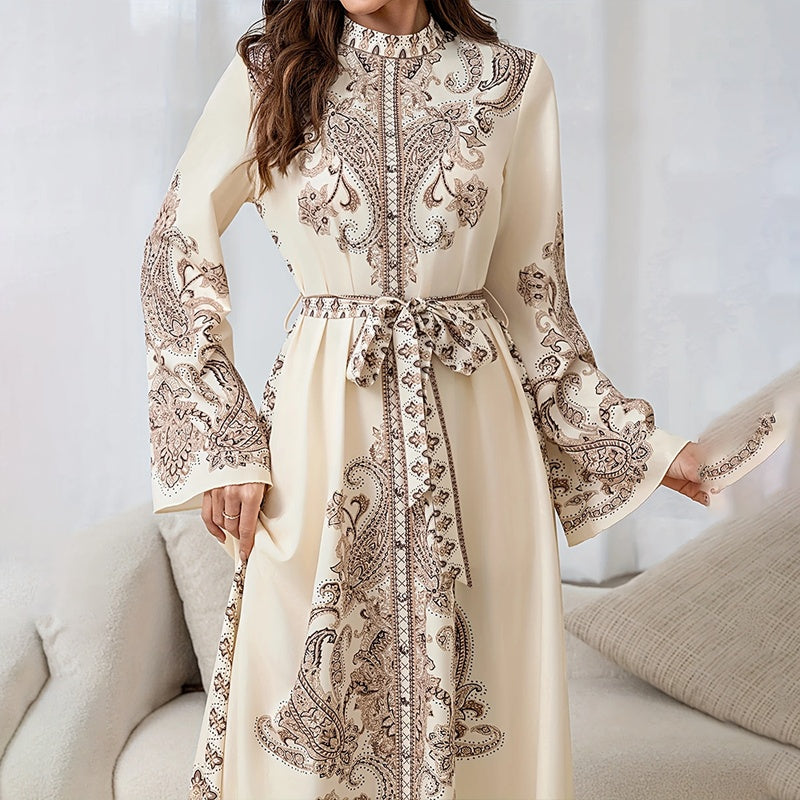 Vintage High-Neck Floral Maxi Dress Loose Long Sleeve, Adjustable Waist Belt, Middle Eastern Inspired Holiday Dress Ankle-Length Gown