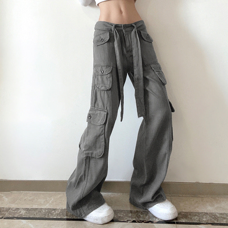 Multi-Pocket Cargo Pants – Streetwear Baggy Fit Retro Grey Work High Waist Jeans For Women European-American Style