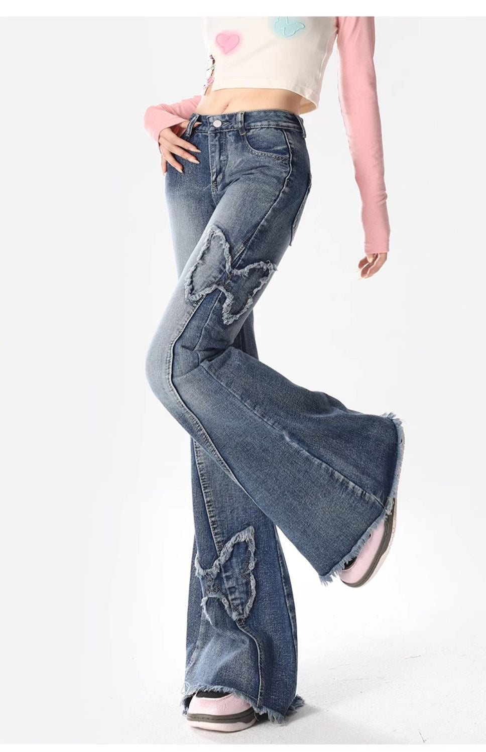 Butterfly Bliss – Flared Denim with Y2K Edge American Retro Butterfly Embroidery Slightly Flared Jeans Women