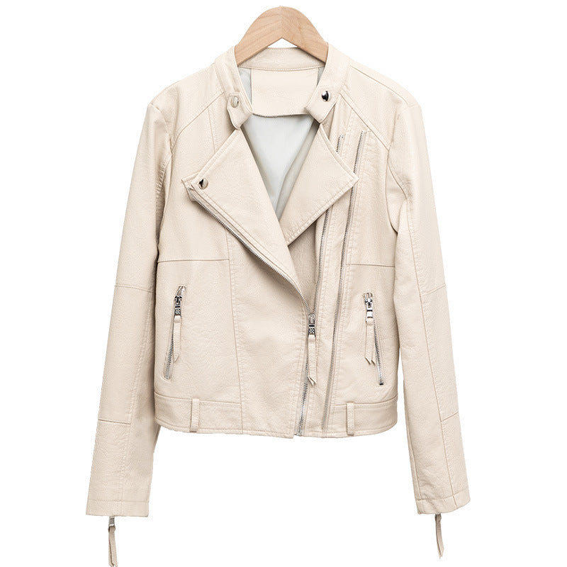 Cream Leather Short Aesthetic Jacket For Women's