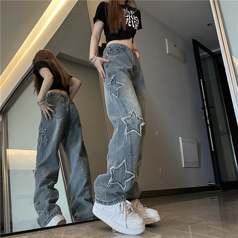 Distressed Star Patch Jeans – Urban Grunge Denim Statement Blue XINGX Embroidered Jeans Women Loose Straight-leg Wide-leg Pants
