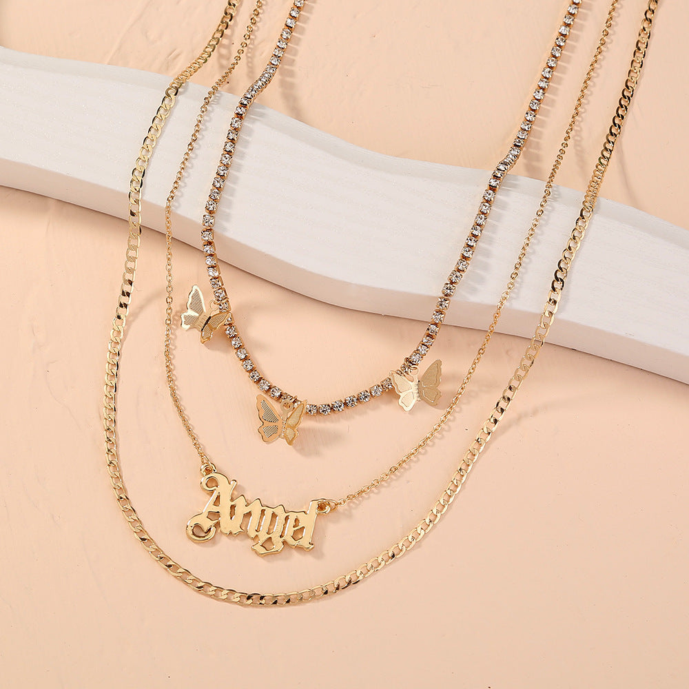 Layered "Angel" Pendant Necklace – Gold-Tone Statement with Butterflies Catch Chain Tassel Butterfly Letter Angel Multi-layer Temperament Necklace Accessories