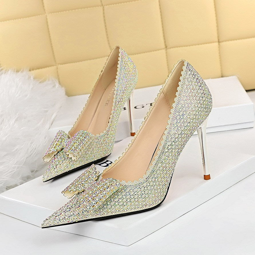Luxury Crystal Bow Heels – Sparkle in Every Step Princess Wedding Shoes Thin High Heels Shallow Mouth For Women's