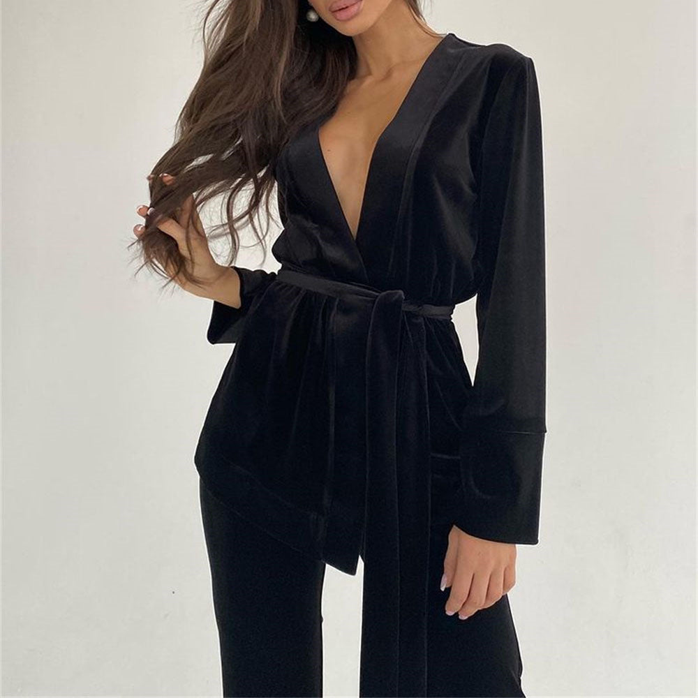 Luxury Satin Pantsuit Set – Elegant Blazer & Wide-Leg Trousers in Emerald Green and Black Satin Casual Two Piece Satin Loose Cardigan Pajama Set