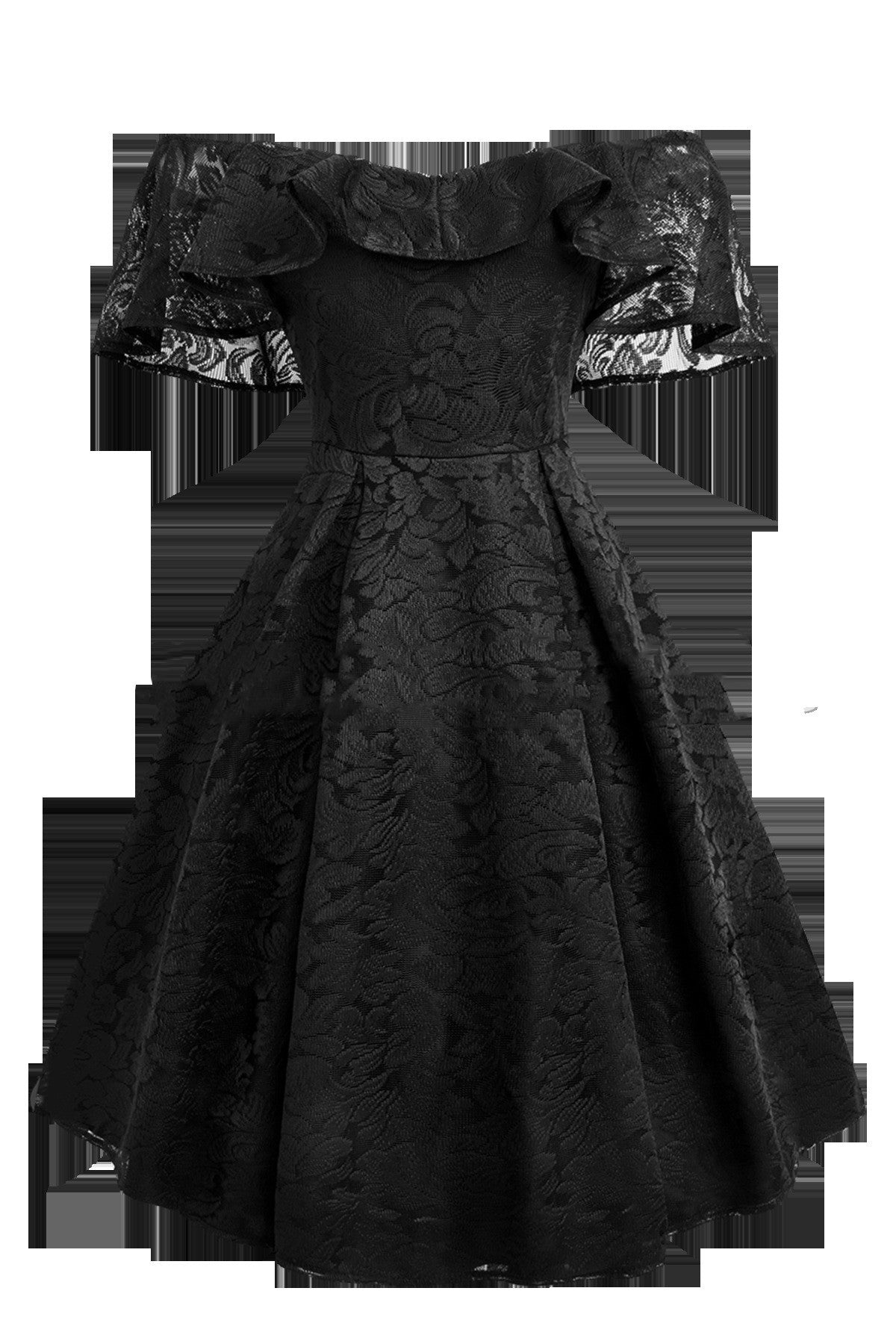 Romantic Lace Ruffle Sleeve Party Dress Strapless Retro Dress