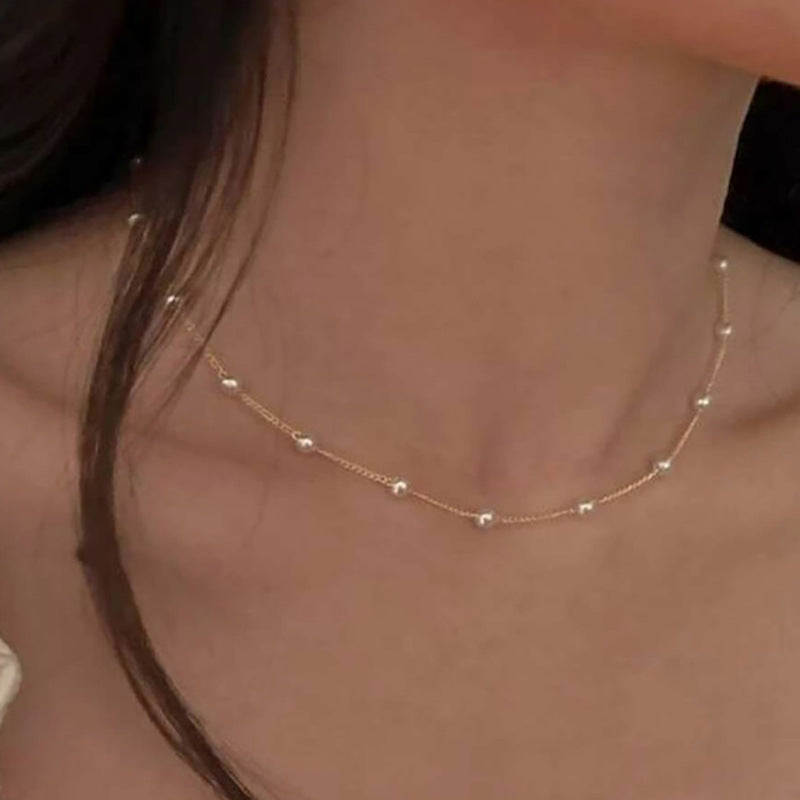 Dainty Gold Chain Pearl Station Choker Necklace | Minimalist Faux Pearl Design Creative Retro Elegant Necklace Women