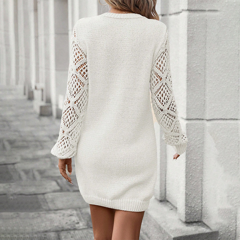 Elegant Women's Solid Color V-Neck Knit Dress - Long Sleeve Lace Cut-Out Design, Comfortable Dress For Spring & Fall