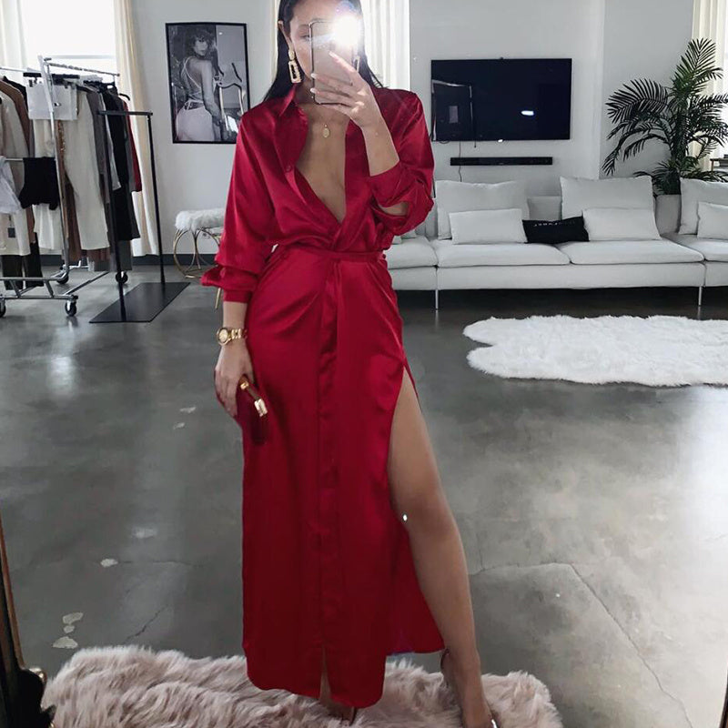 Long sleeve faux satin dress