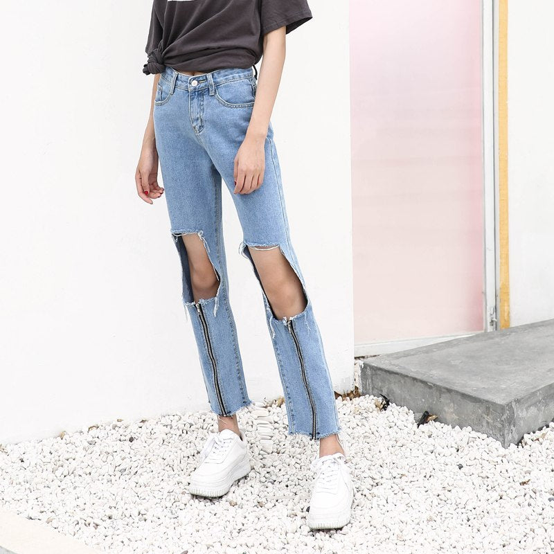 Streetwear Fake Zippers Loose Straight Jeans Woman With Holes Ankle Length Denim Pants