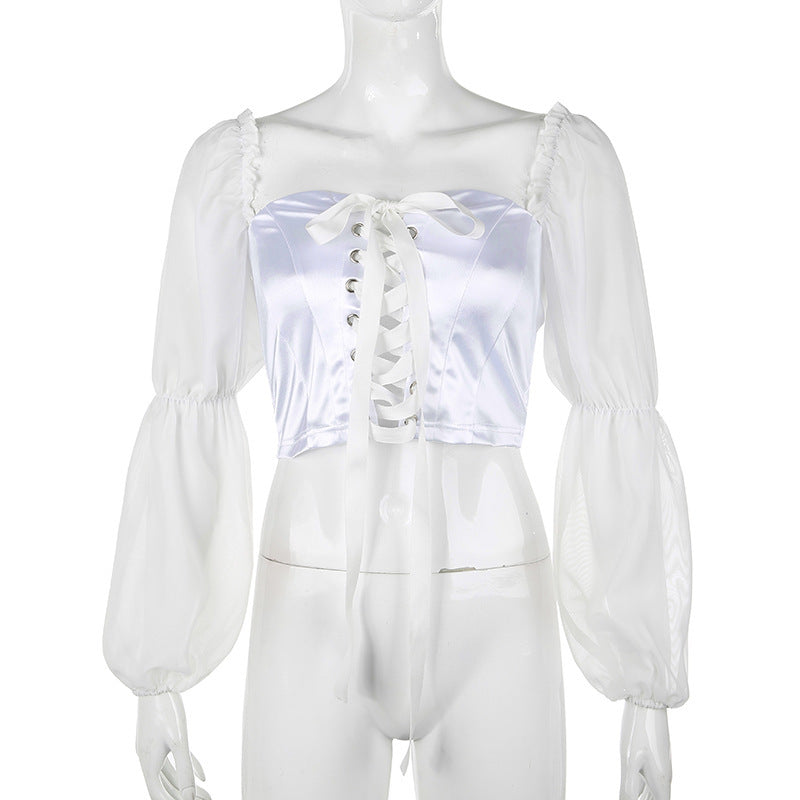 Mesh Puff Sleeve Tie Full Sleeve Top