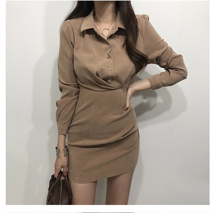 Versatile Button-Up Wrap Front Mini Dress Retro Waist Slim Dress