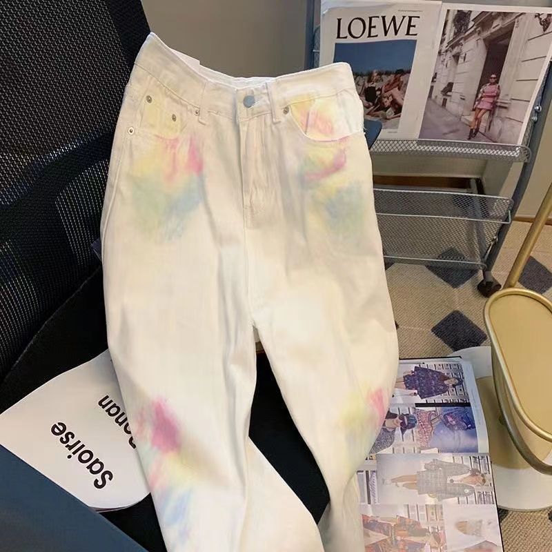 Pastel Dream Tie-Dye Jeans – Whimsical White Wash Denim Retro Tie-dye Graffiti Straight High Waist Jeans For Women
