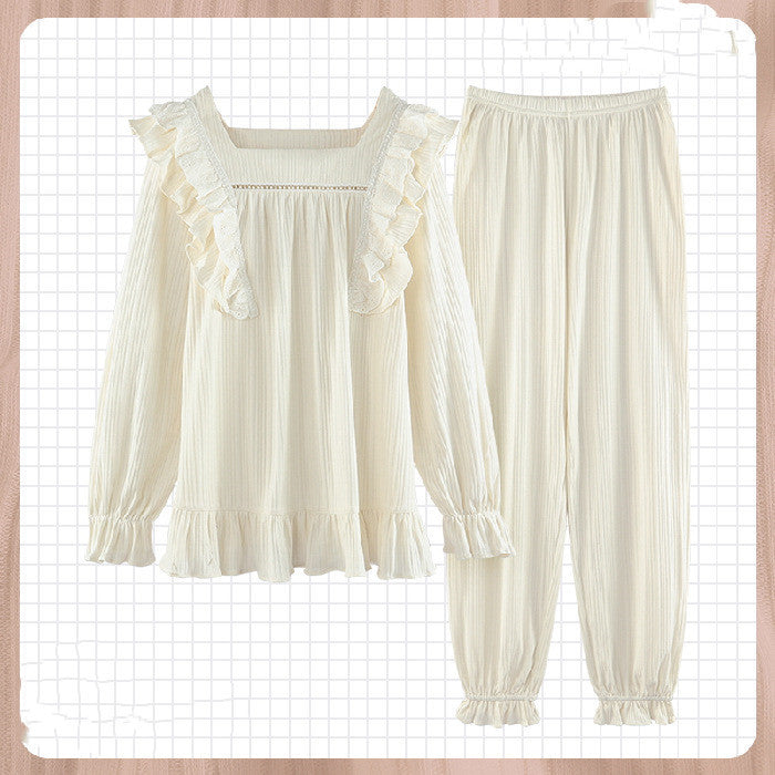 Sweet Ruffled Long Sleeve Pajama Set with Bow Detail Palace Pajamas Women Spring And Autumn Korean Style Cotton Long Sleeves