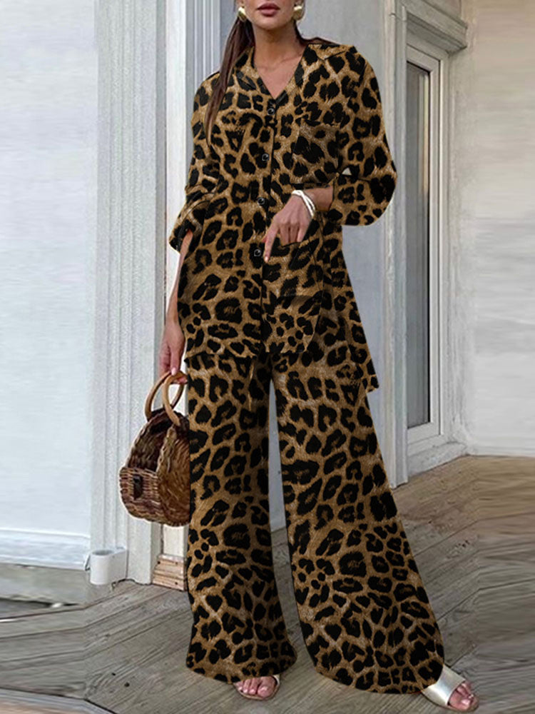 Chic Two-Piece Long Sleeve Shirt & Wide Leg Pants Set Fashion Pocket Set Women 2 Pieces Casual