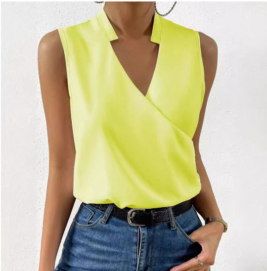 Black V-Neck Sleeveless Blouse Women's Fashion Casual Top Vest