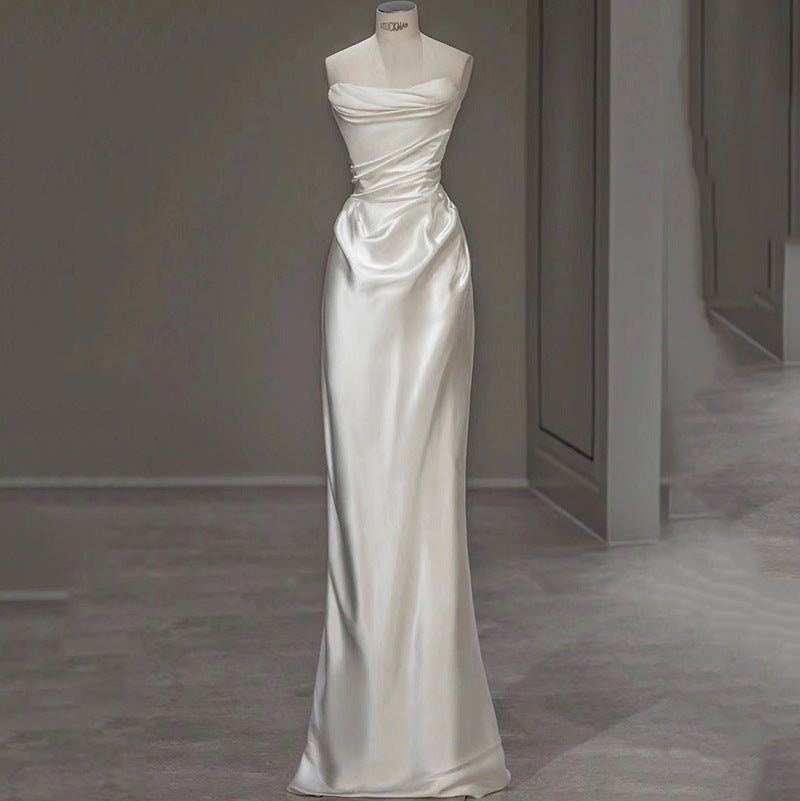Glamorous Bridesmaid or Wedding Guest Satin Gown Satin Light Wedding Dress French White