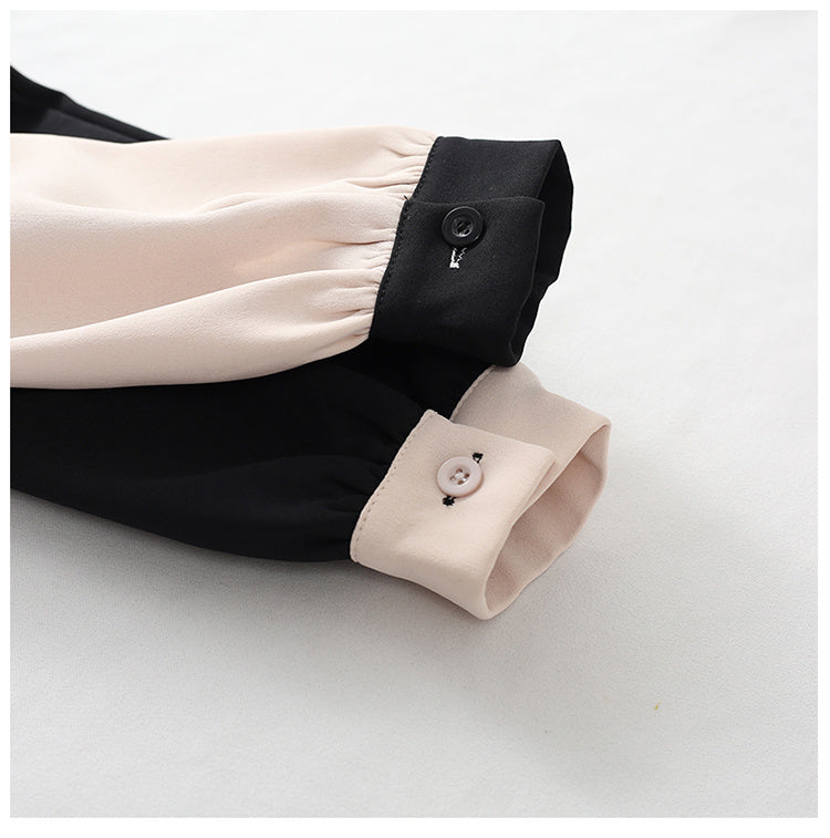 Elegant Two-Tone Ruffled Blouse - Beige & Black Korean style contrast lace long sleeve top