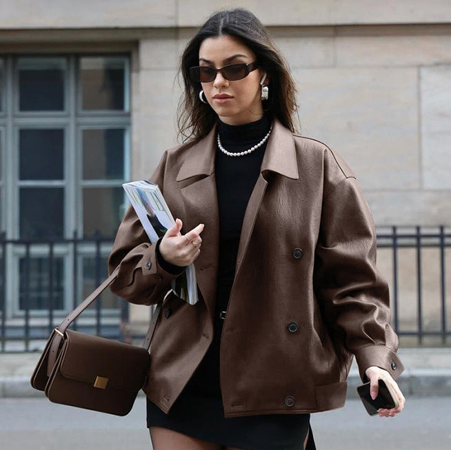 Elegant Suit Collar Loose Mid Length Leather Coat Jacket For Women's