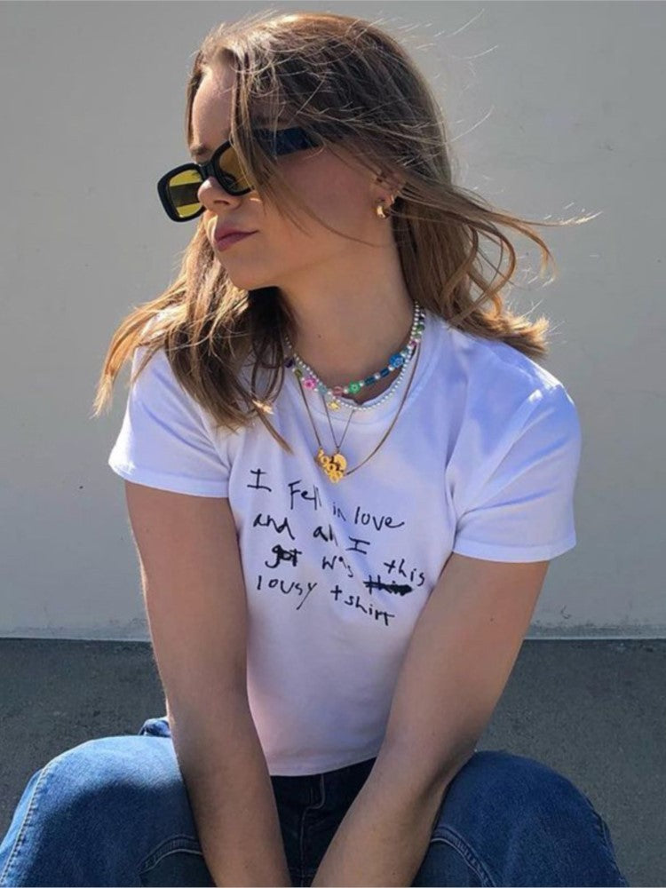 Round Neck Pullover Letter Print Casual Women's T-shirt