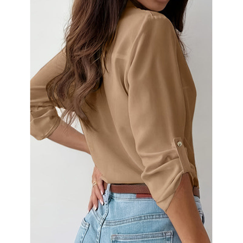Button Down Shirts V Neck Rolled Up Long Sleeve Tops Elegant Dressy Blouses Business Casual Outfits