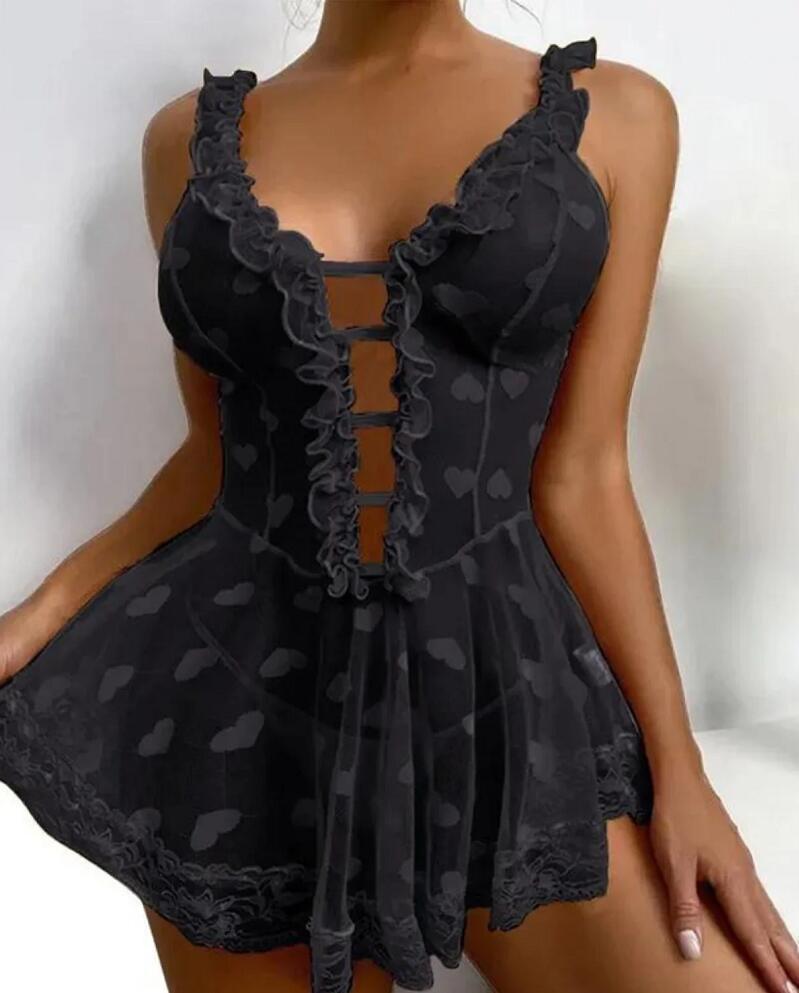 Sheer Lace Baby doll Dress - Deep V-Neck Lingerie with Ruffles Perspective Black Lace Mini Skirt Erotic Lingerie