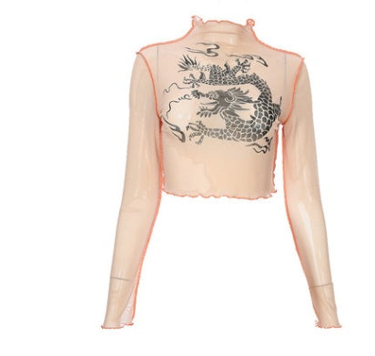 CHINESE DRAGON TURTLENECK MESH CROP TOP