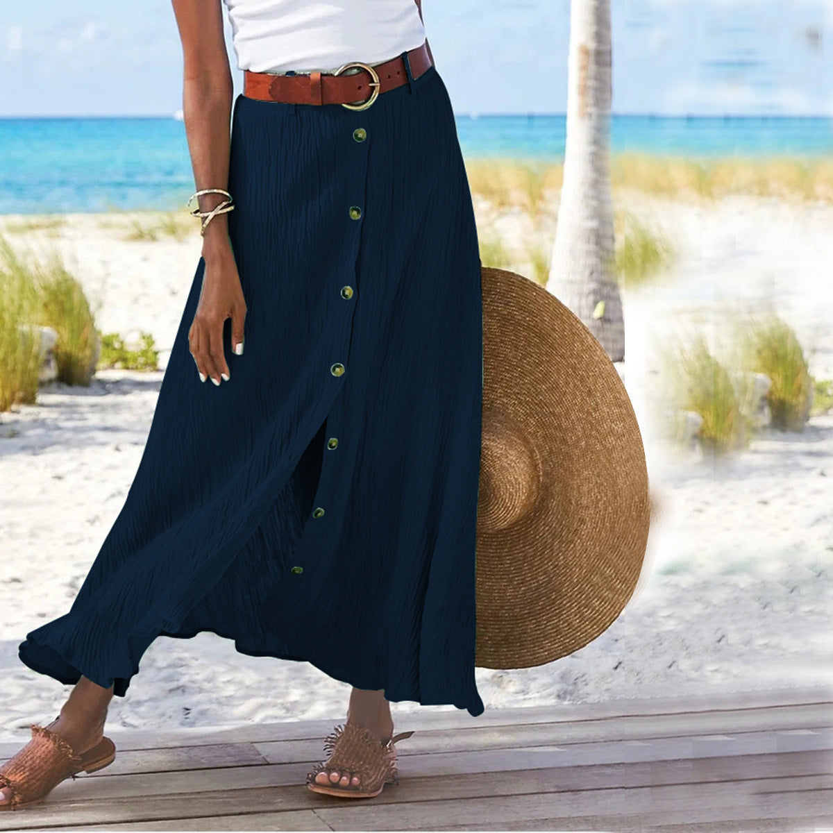 Fashion Cotton Linen A-Line Hip Mid Waist Long Skirt