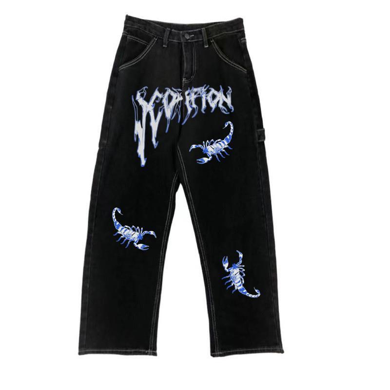 Scorpion Flame Graphic Jeans – Black Baggy Streetwear Pants Street Print High Waist Jeans For Men And Women