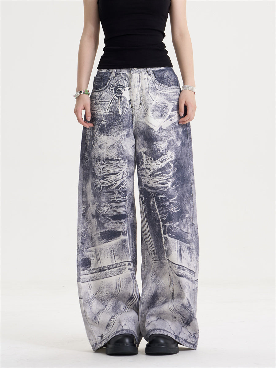 American Style Retro Washed Distressed Printed Gradient Jeans Women's Loose Straight
