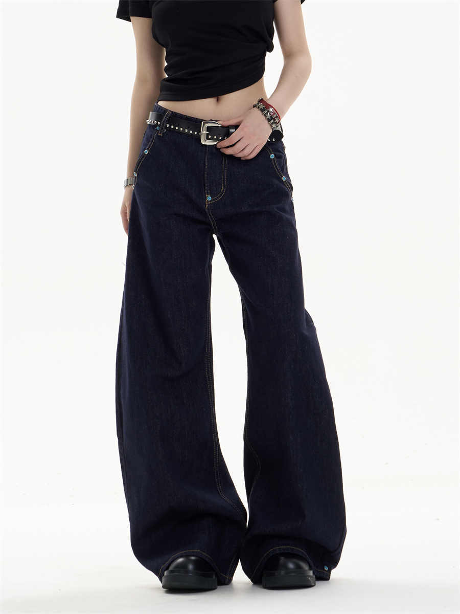 Retro Dark Blue Jeans Loose Straight Casual Wide-leg Pants
