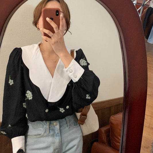Vintage Style Peter Pan Collar Blouse - Floral Embroidery Shirt Lapel Black Embroidered Shirt Women