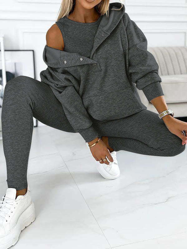 3-Piece Lounge Set – Cozy, Chic & Effortlessly Stylish For Women's Sports Suit Loose Hooded Pockets Sweatshirt And Vest And Slim Trousers