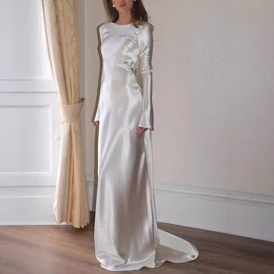 Sexy Backless White Round Neck Satin Party Wear Dress