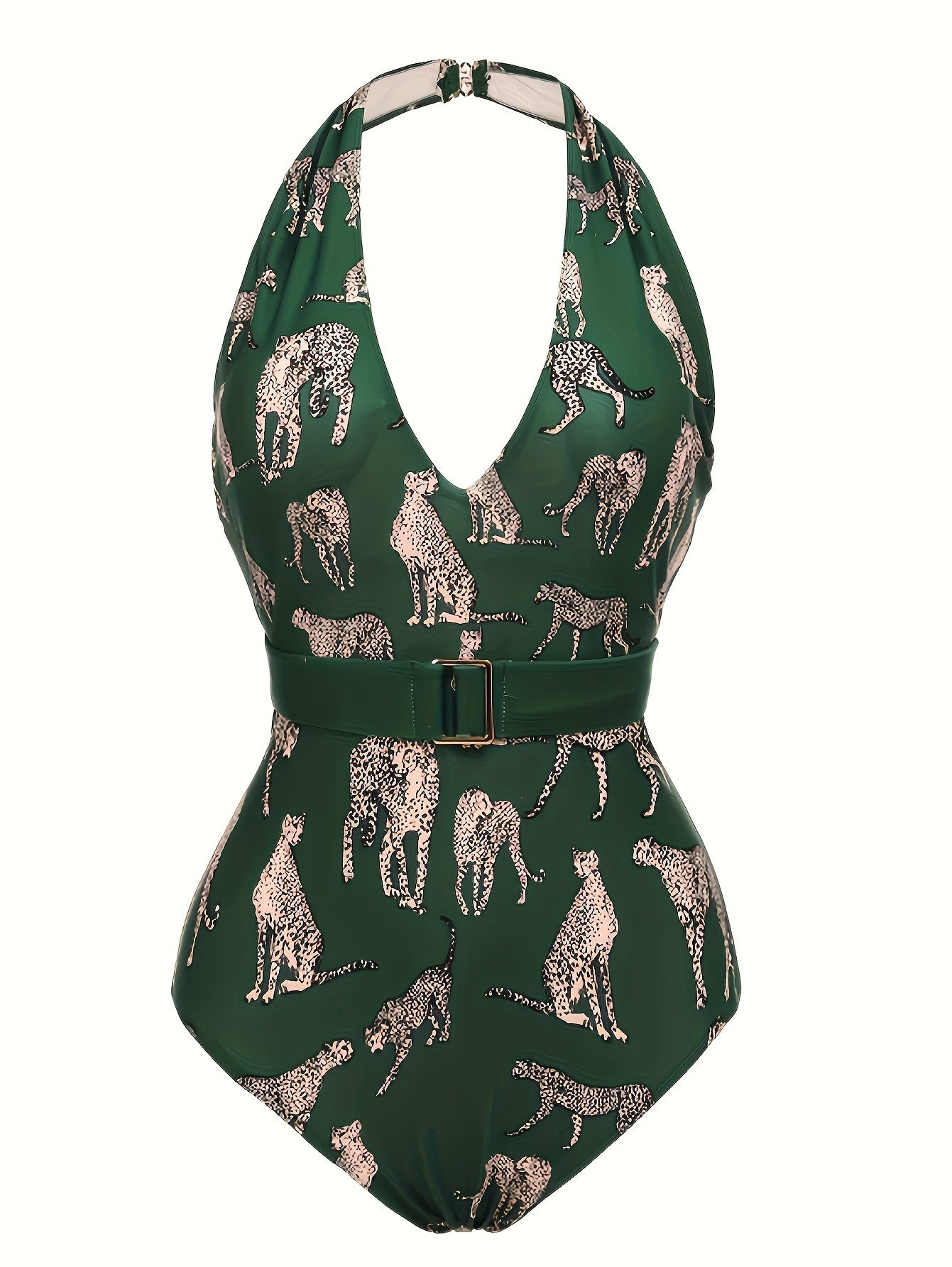 One-piece Swimming Suit With Belt, Leopard Print, With Neck Tie, Back Exposed, One-piece Swimsuit In Beach Style