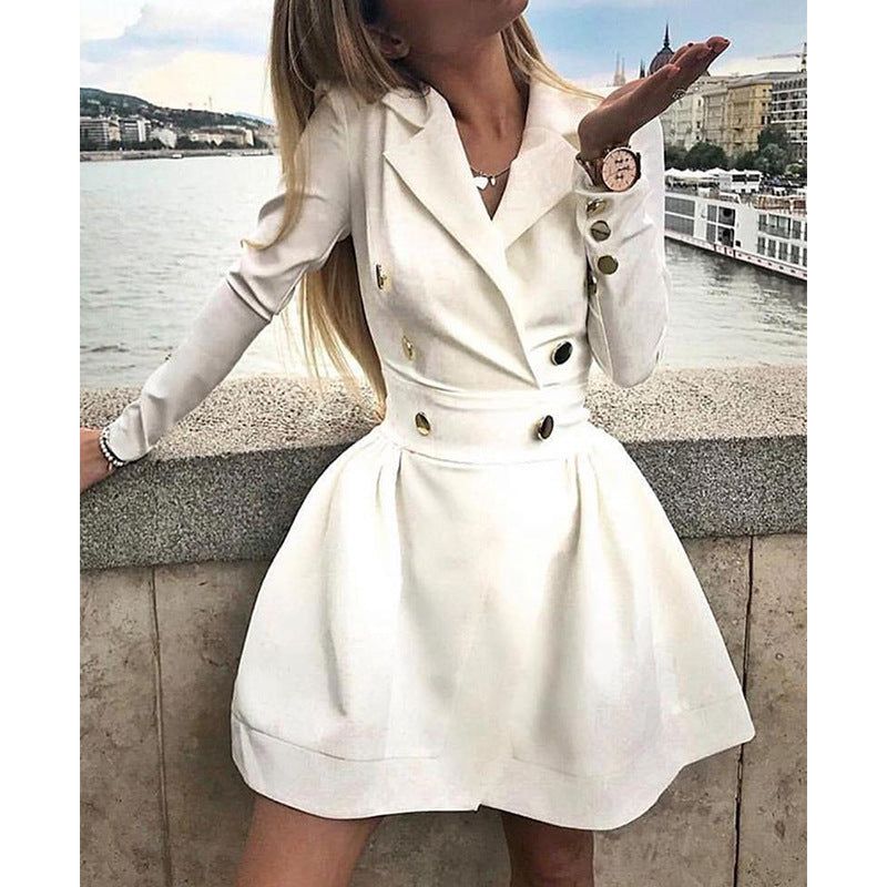 Chic White Double-Breasted Blazer Dress with Pleated Skirt | Elegant Mini Dress