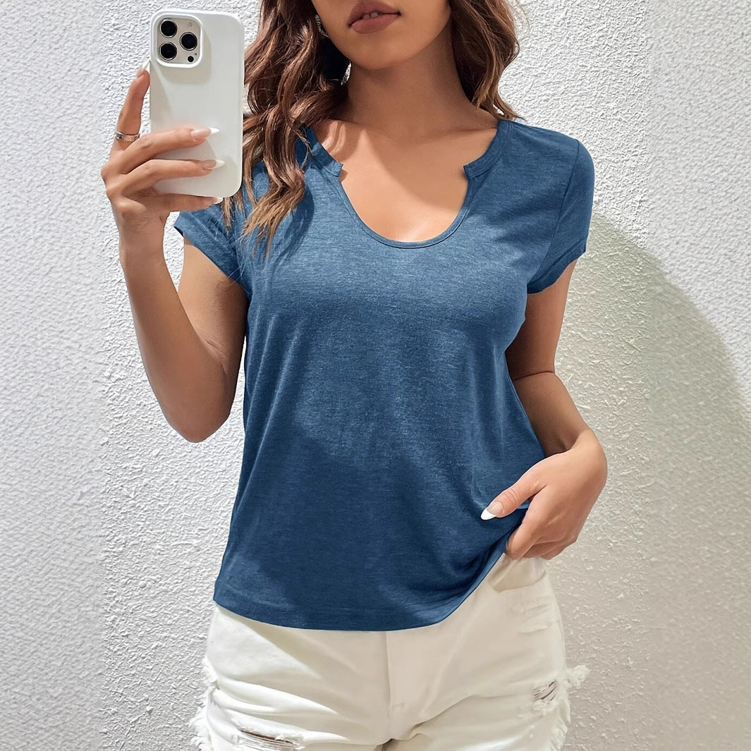 Solid Color Notched V-neck Short Sleeve Top Summer Loose Knit T-shirt Top