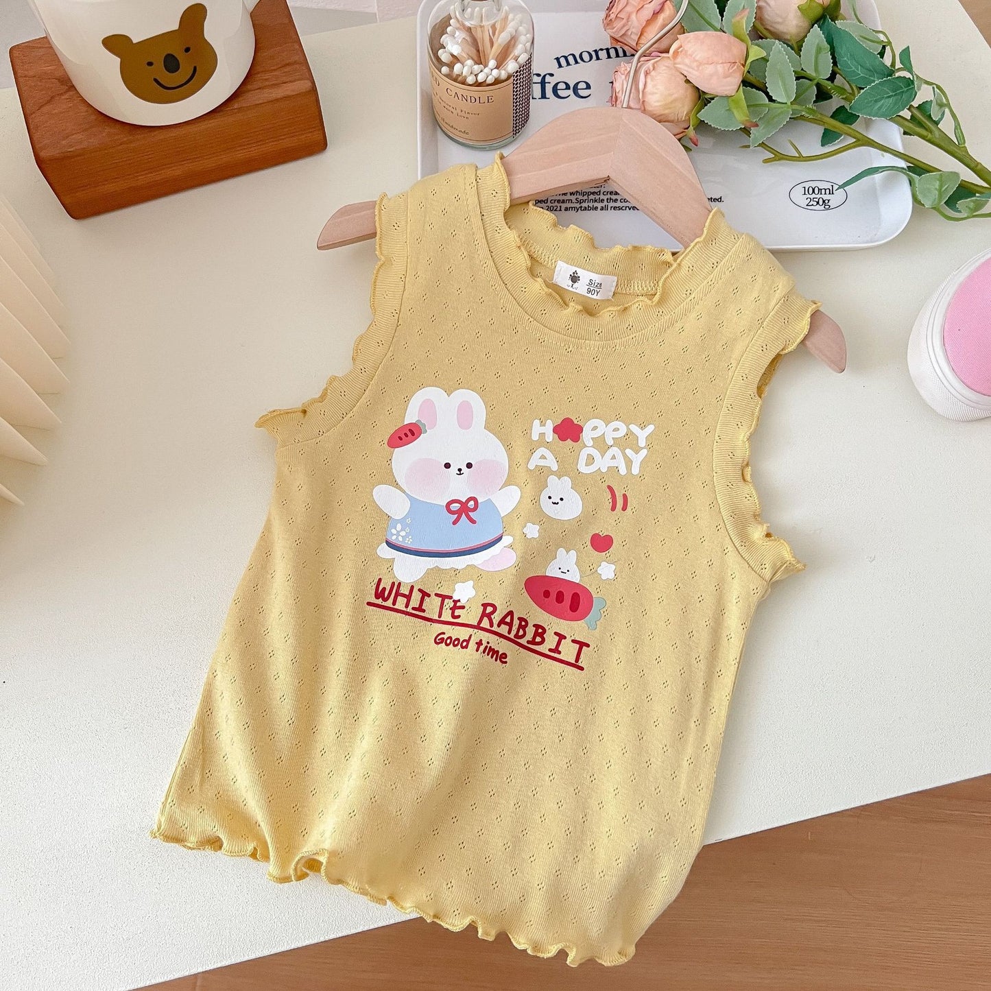 Bloom & Bunny Sleeveless Tops – Whimsy for Little Wardrobes Girls' Korean Style Cartoon Top Outerwear