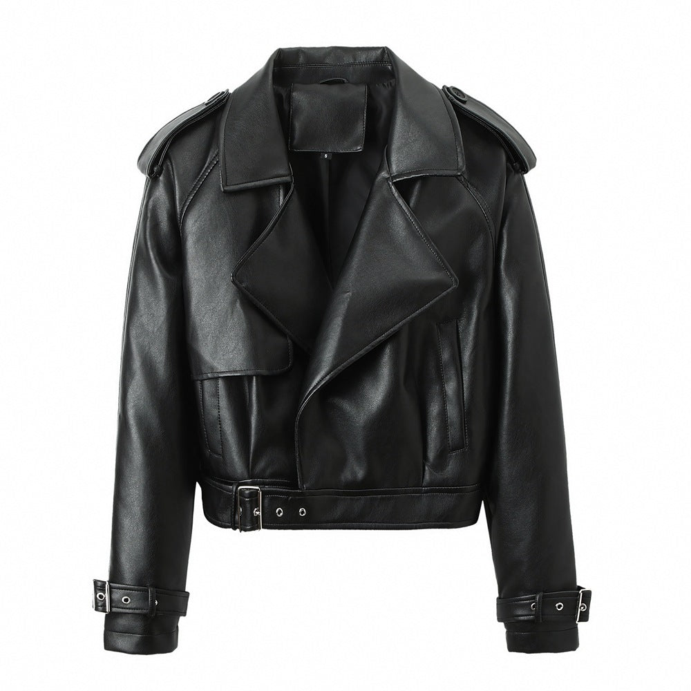 Solid Color Casual Loose Fit Leather Jacket For Women's