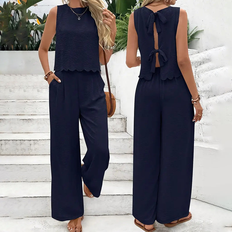 Elegant 2-Piece Matching Set, Sleeveless Crop Top And Wide Leg Pants Outfits