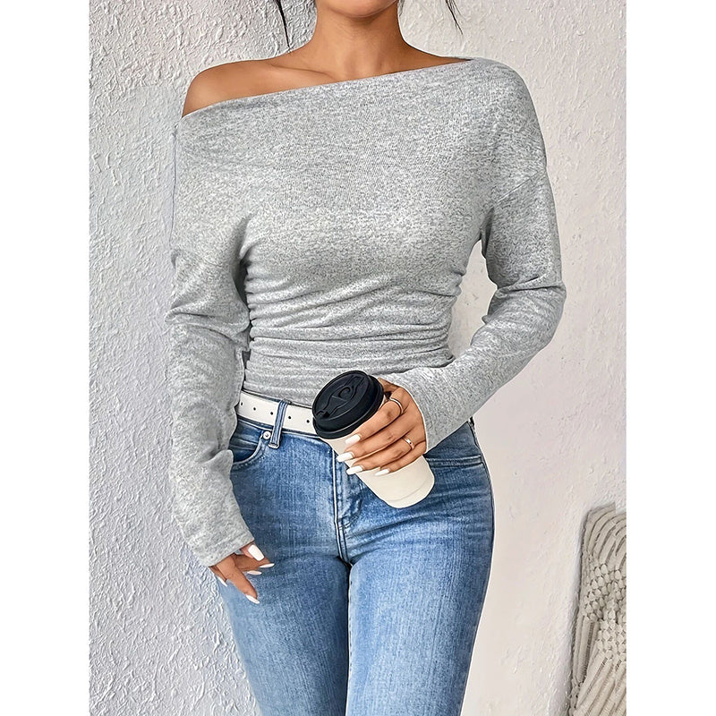 Off The Shoulder Tops Long Sleeve T Shirts Going Out Tops Casual Trendy Ruched Slim Fitted Tees