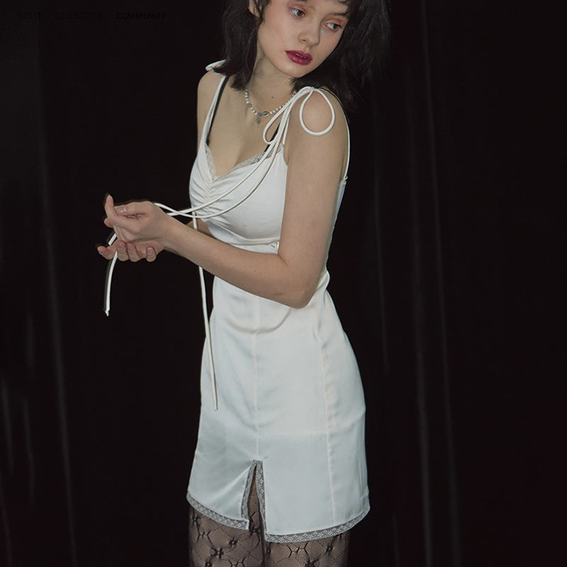 Square collar lace satin split dress