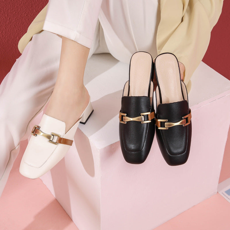 Muller Shoes Casual Soft Leather Slippers Women Outer Wear Square Toe Thick Heel Outer Wear Sandals Women
