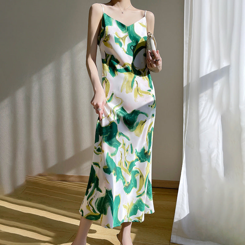 V-neck Mid-length Satin Sling Dress