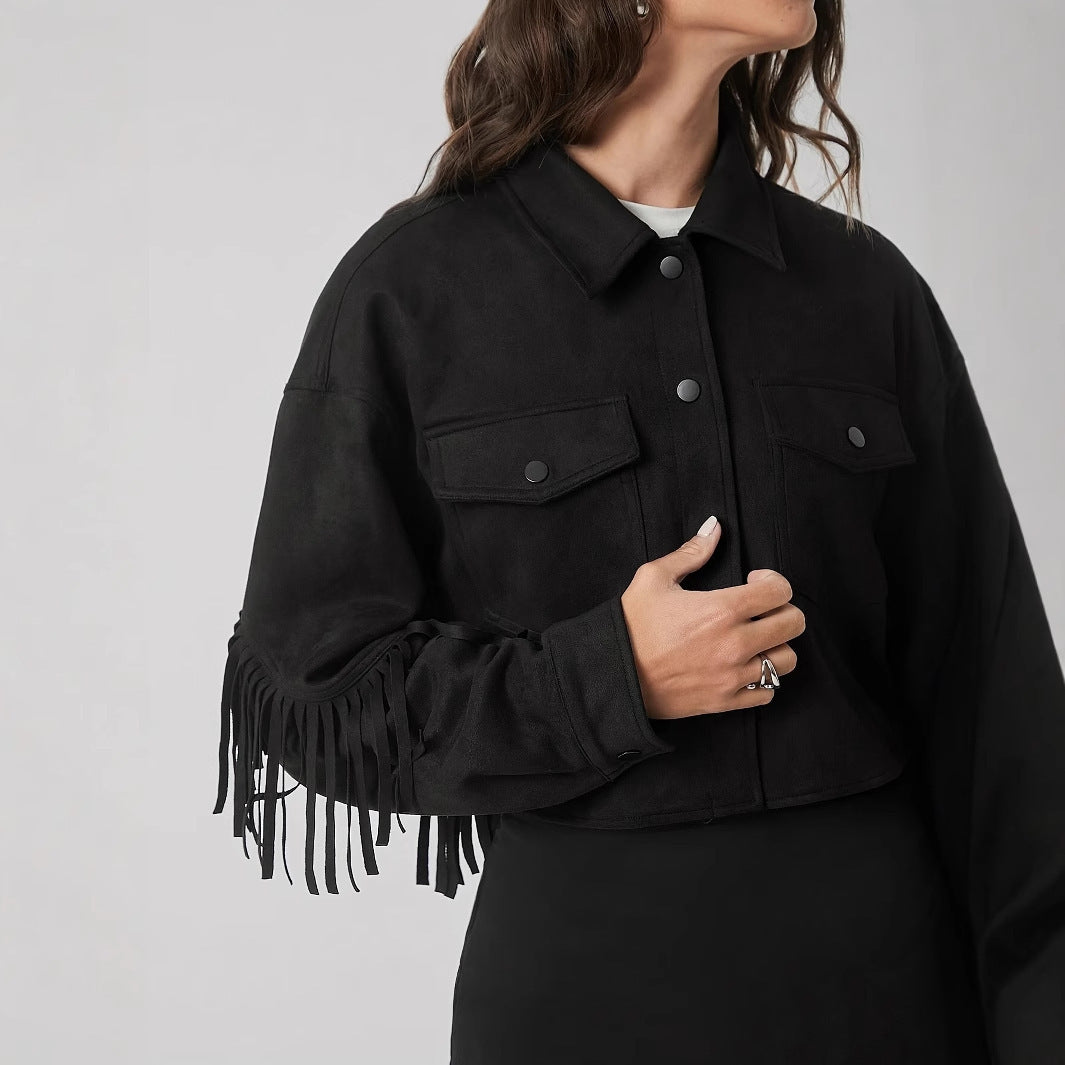 Solid Color Casual Fringe Decoration Long Sleeved Jacket