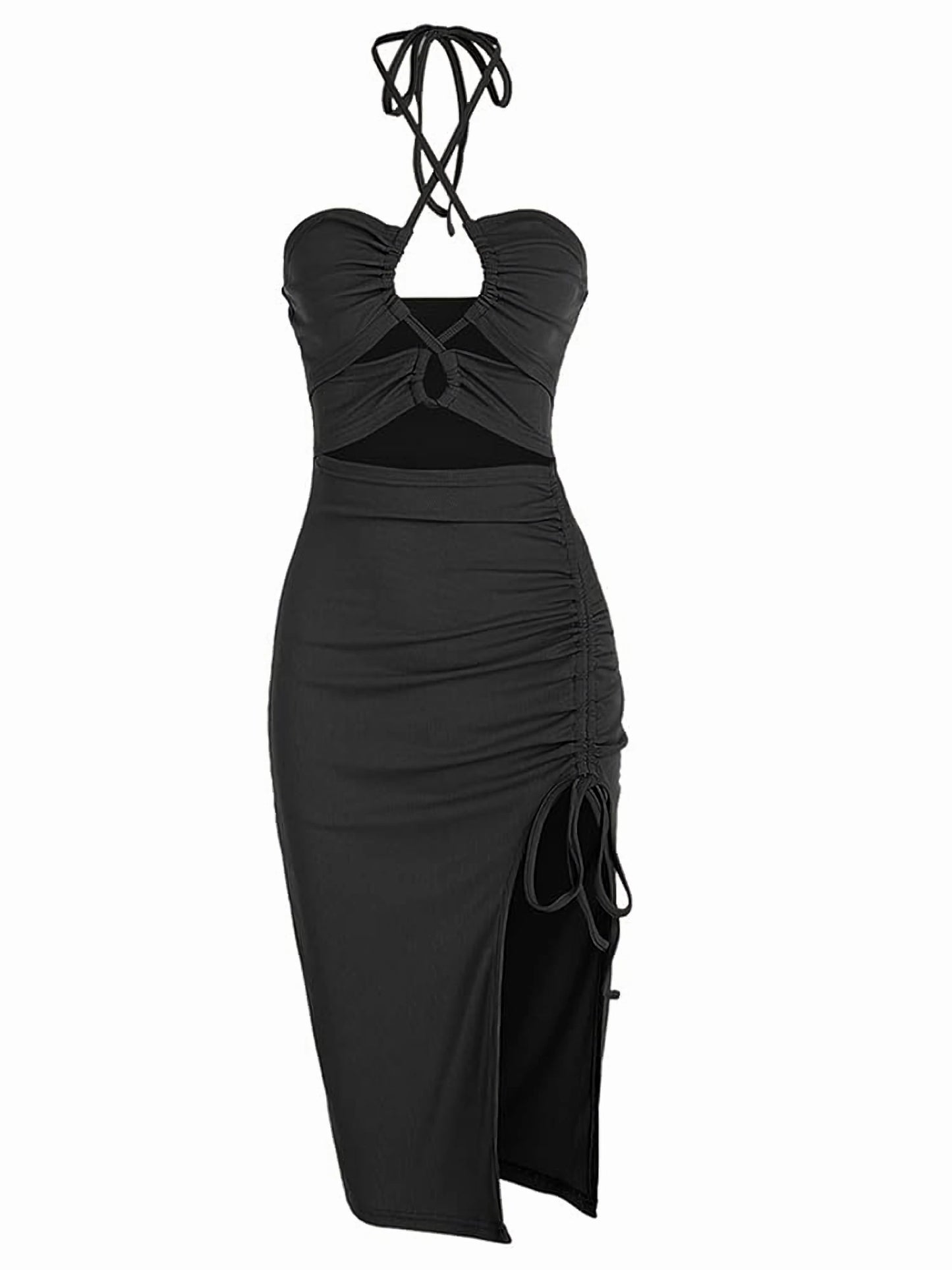 Cut-Out Ruched Bodycon Midi Dress – Sultry & Stylish Partywear Women's Sleeveless Dress Sexy Midi Halter Dresses Criss Cross Cami Women's Dresses Dress For Party