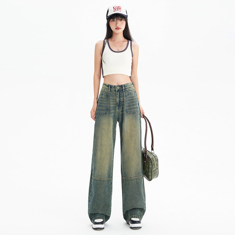 Baggy Cargo Jeans – Washed Vintage Green, Wide Leg Fit Fashion American Stitching Jeans For Women