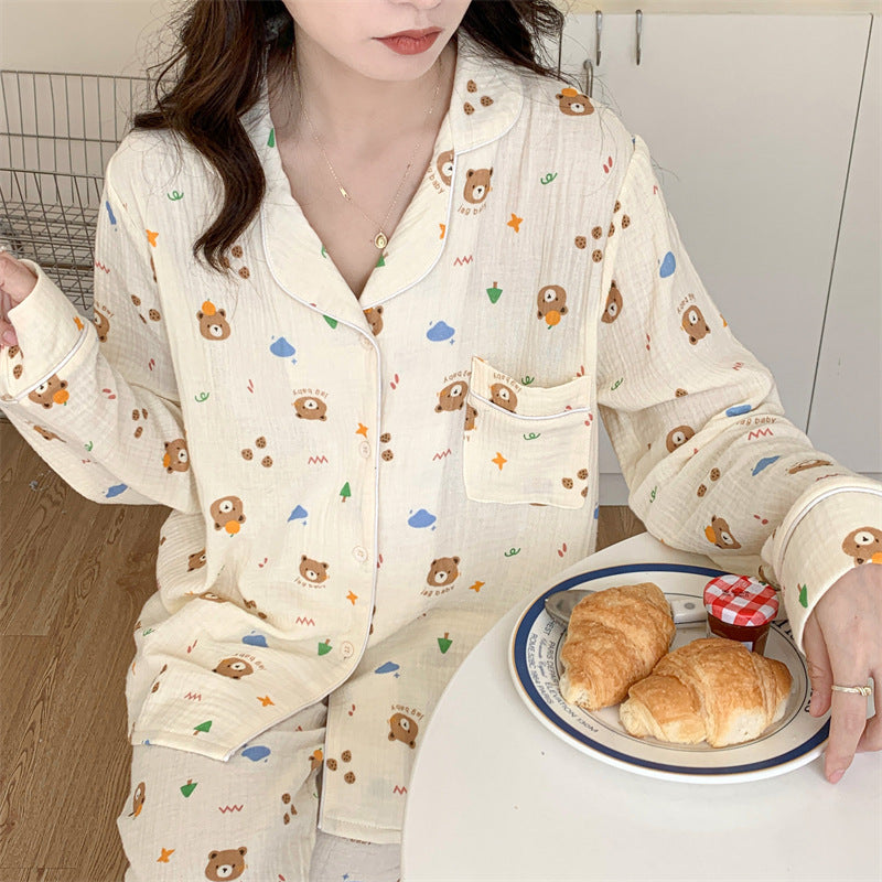 Cute & Cozy Animal/Character Print Pajama Set Pure Cotton Cartoon Long-sleeved Pajamas Set Letter Bear Homewear For Women