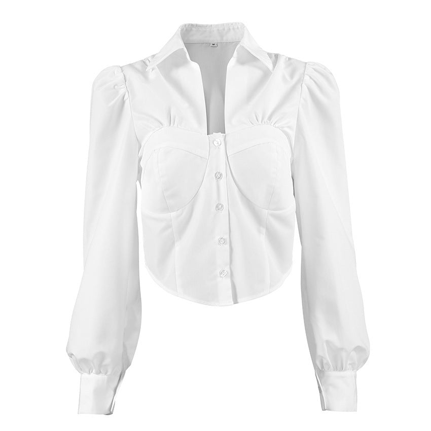 Elegant Lapel Puff Sleeve Shirt Short Top For Women's